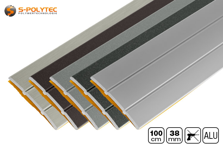 The flat aluminium floor profile in 38mm width is available in silver, brushed stainless steel, anthracite metallic, grey metallic and bronze metallic