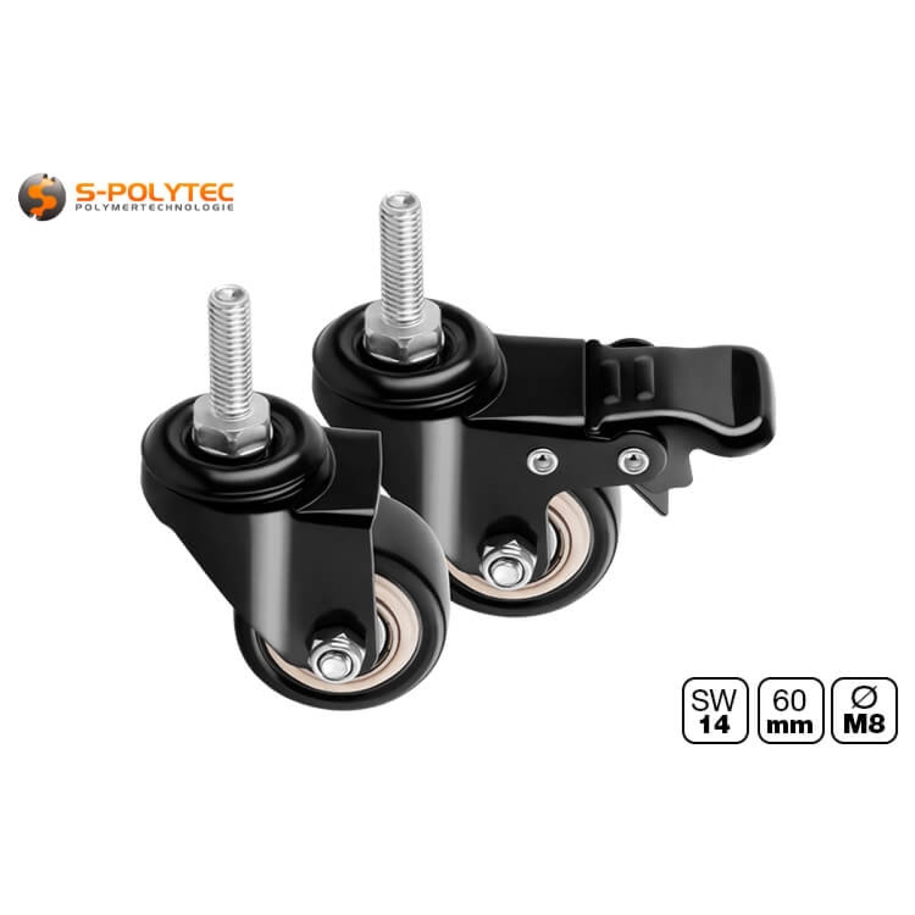 The Ø 60mm swivel castor with M8 thread for construction profiles is available with and without a parking brake