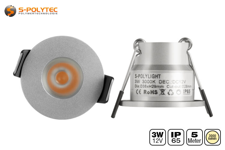The silver Ø36mm LED spotlights require an installation diameter of 28mm and an installation depth of just 26mm