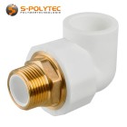Aqua-Plus PP-R elbow coupling 90° in white for connecting PP-R pipes in various sizes with external thread made of brass.