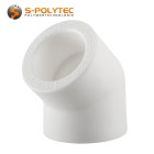 Aqua-Plus PP-R elbow 45° in white for connecting PP-R pipes in different sizes when the direction is changed by 45° at the same time