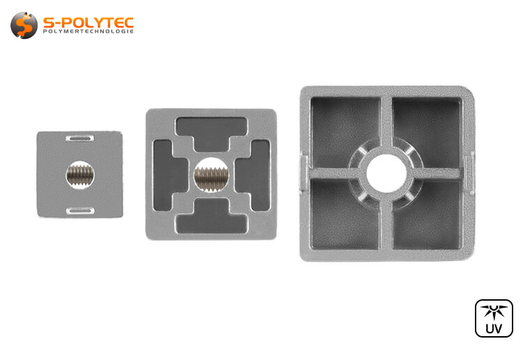 The variable angle connectors are screwed into the clearance hole of a construction profile using a cheese head screw