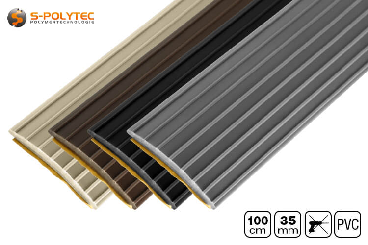 The self-adhesive floor profiles made of soft PVC are available in black, brown, grey or beige